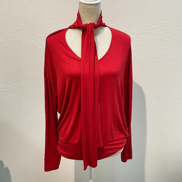 CAbi Red Blouse Long Sleeve Sweater Neck Tie Medium Holiday Rayon - Picture 3 of 10